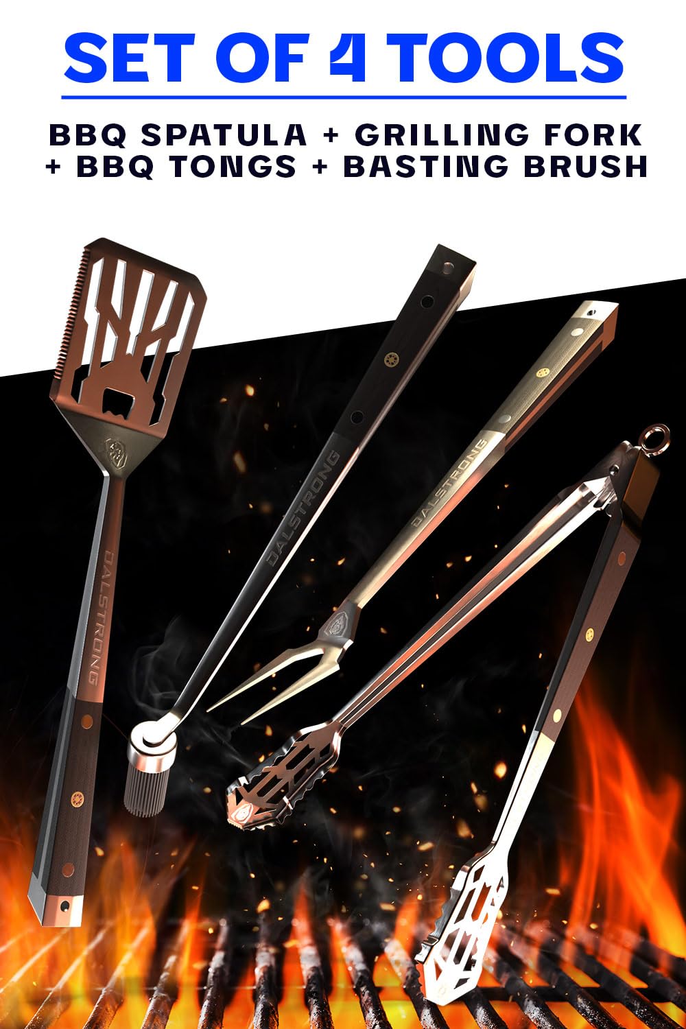 DALSTRONG 4-Piece Professional BBQ Pitmaster Grill Set - Premium High-Carbon Stainless Steel Grilling - 18 inch Length - Silicone Brush, Spatula, Tongs, Fork - G10 Handles - Image 4