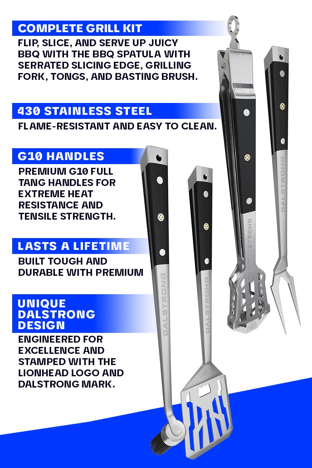 DALSTRONG 4-Piece Professional BBQ Pitmaster Grill Set - Premium High-Carbon Stainless Steel Grilling - 18 inch Length - Silicone Brush, Spatula, Tongs, Fork - G10 Handles - Image 5