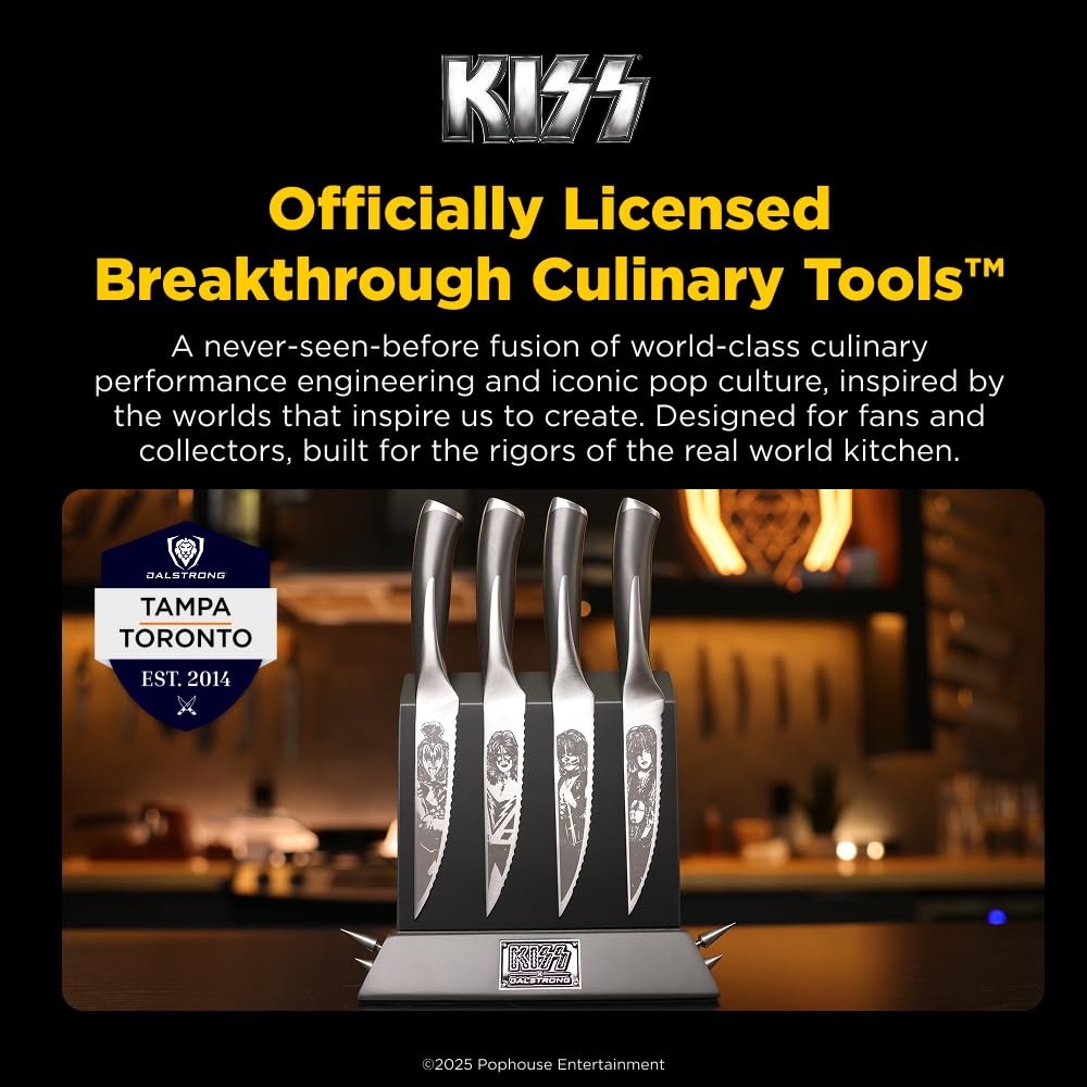 Dalstrong 4 Piece Steak Knife Set - 4.5" - KISS™ Edition Official License - Magnetic Wood & Metal Block Display - Serrated Knives - Meat, Dinner Set - German X50CRMOV15 Stainless Steel - Collector Pin - Image 3