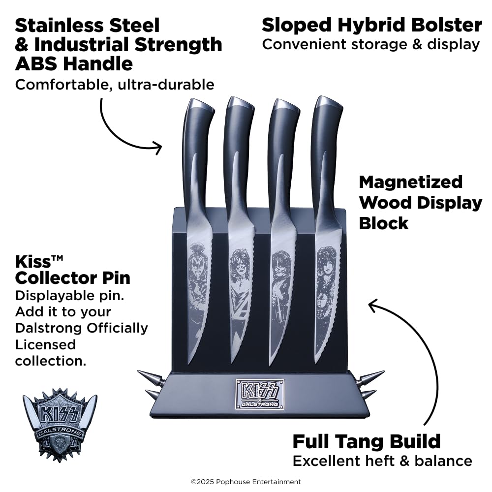 Dalstrong 4 Piece Steak Knife Set - 4.5" - KISS™ Edition Official License - Magnetic Wood & Metal Block Display - Serrated Knives - Meat, Dinner Set - German X50CRMOV15 Stainless Steel - Collector Pin - Image 4