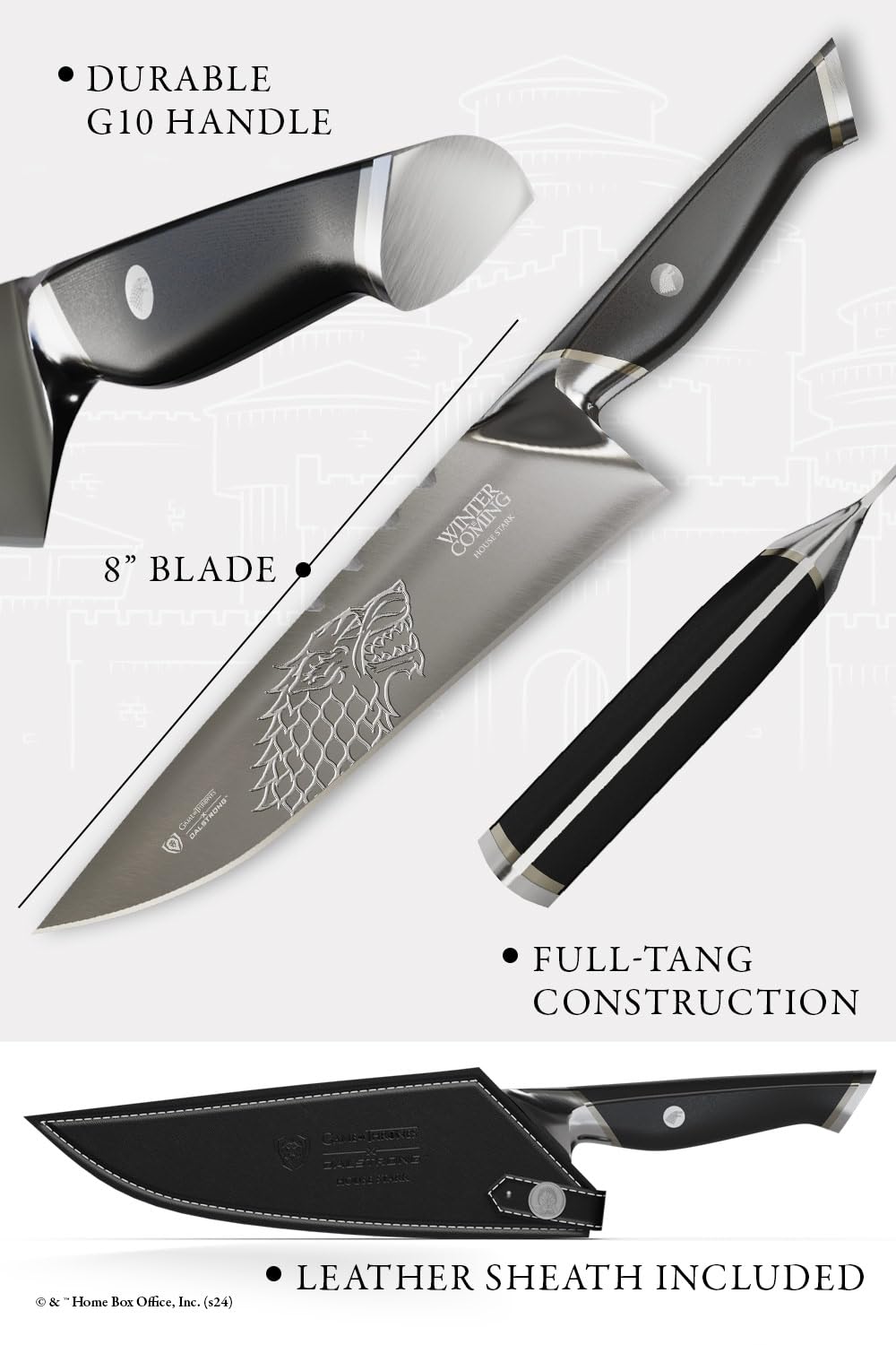 Dalstrong 8 Inch Chef Knife - Game of Thrones House Stark Edition - German Premium Steel - Professional G10 Handle - with Sheath - Image 6