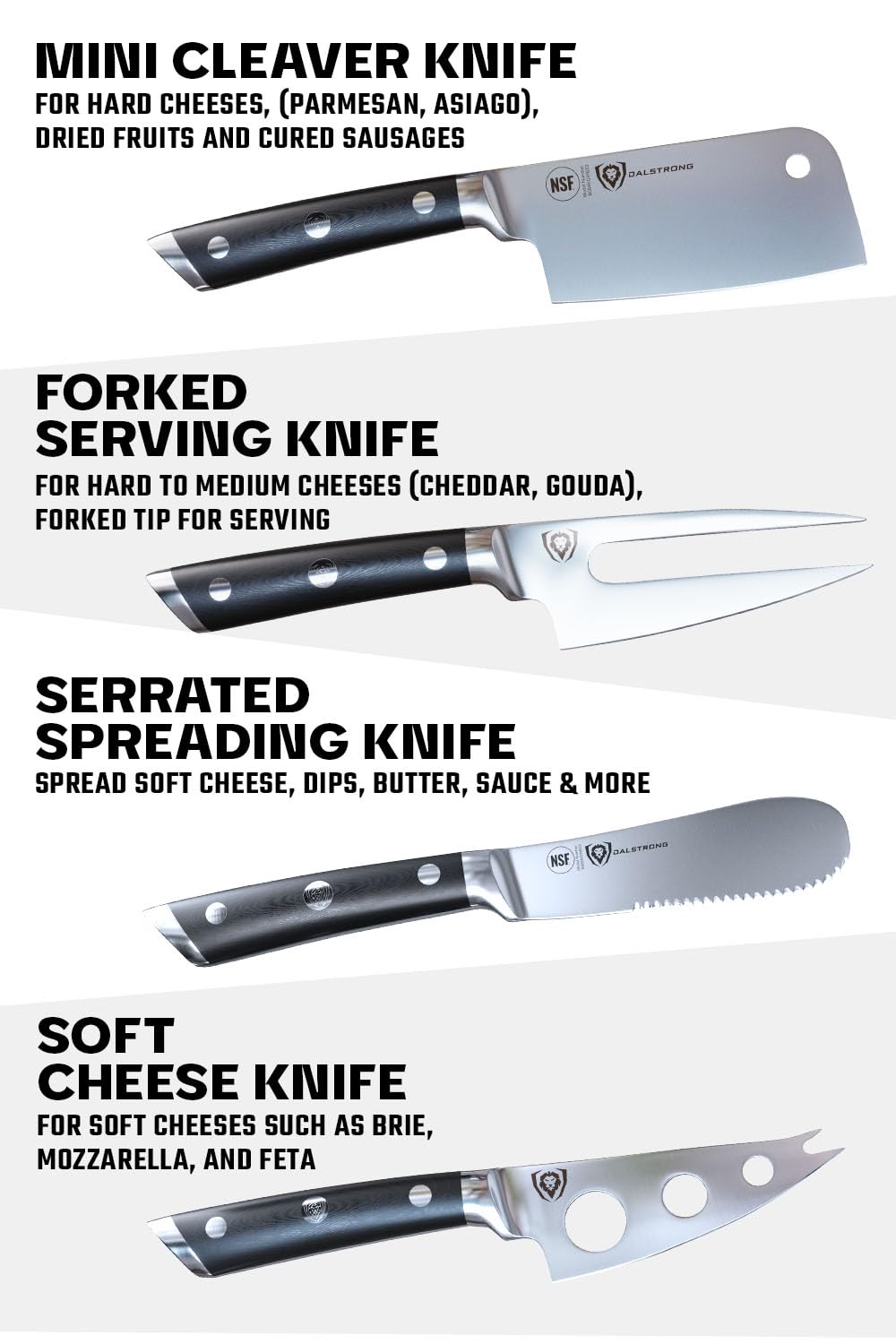 Dalstrong Charcuterie & Cheese Knife Set-4pc-Gladiator Series Elite-Mini Cleaver, Serrated,Round-Tip,Forked Cheese Knives Set-G10 Handle-Soft & Hard Cheese-Sheath-NSF Certified - Image 4