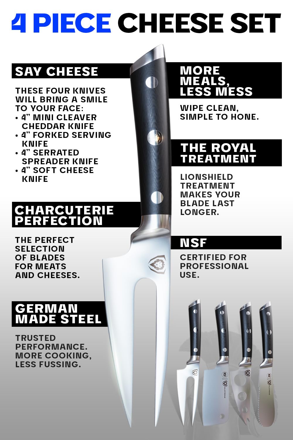Dalstrong Charcuterie & Cheese Knife Set-4pc-Gladiator Series Elite-Mini Cleaver, Serrated,Round-Tip,Forked Cheese Knives Set-G10 Handle-Soft & Hard Cheese-Sheath-NSF Certified - Image 7