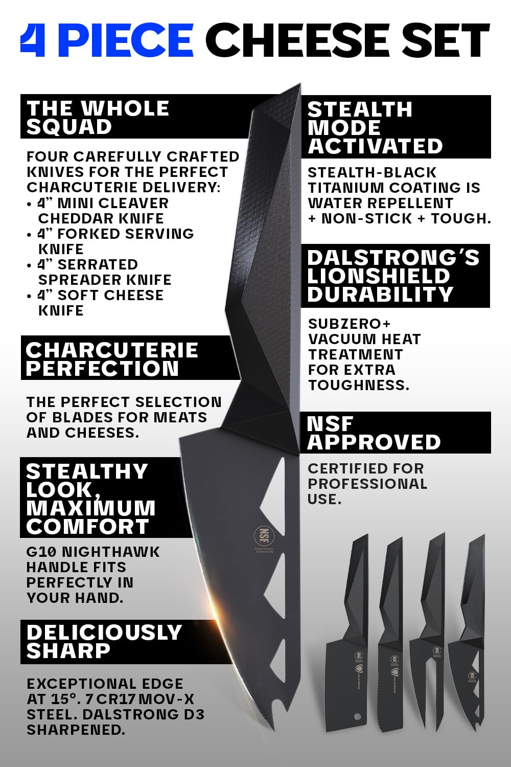 DALSTRONG Cheese Knife Set - 4-Piece - Shadow Black Series - Black Titanium Nitride Coated - High Carbon - 7CR17MOV-X Vacuum Treated Steel Cheese Knives Set - Sheath - Soft Hard Cheese - NSF Certified - Image 7
