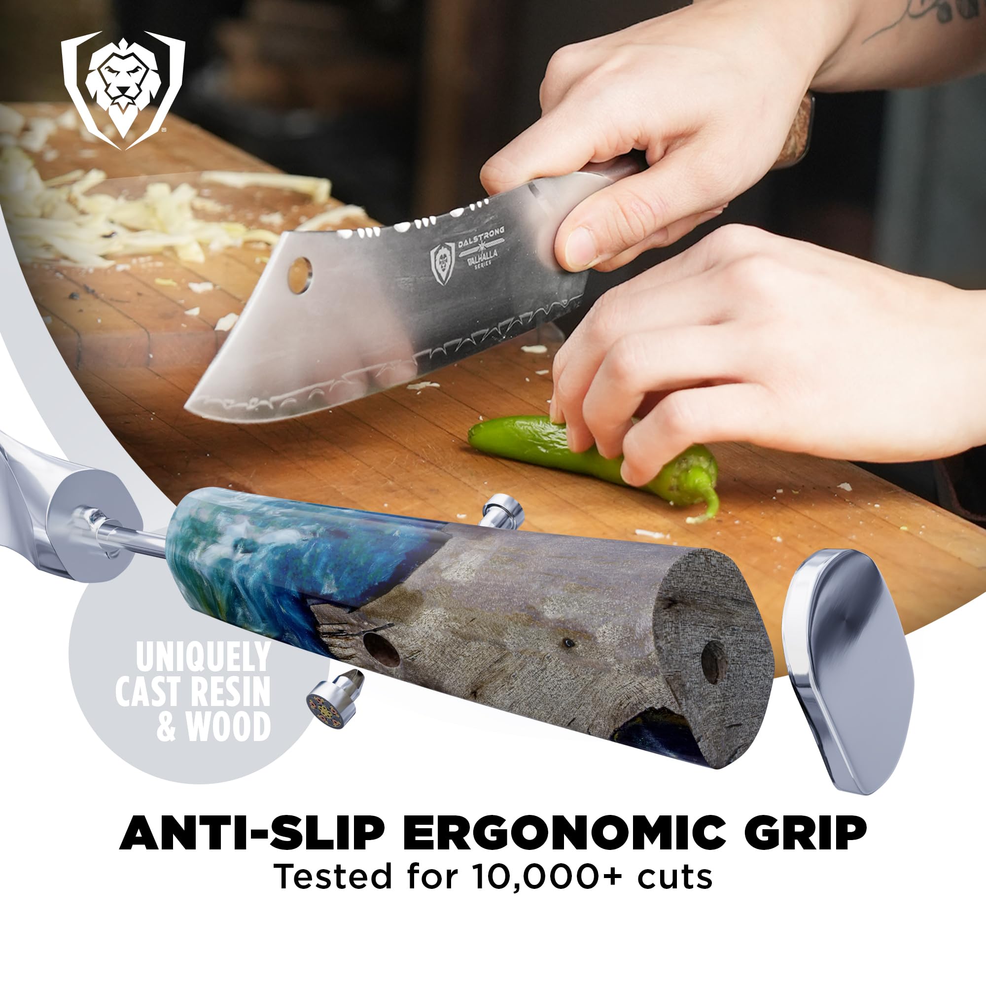 Dalstrong Chef & Cleaver Hybrid Knife - The 'Crixus' - 8 inch - Valhalla Series - 9CR18MOV HC Steel - Celestial Resin & Wood Handle - Razor Sharp Chef's Knife - w/Leather Sheath - Image 4