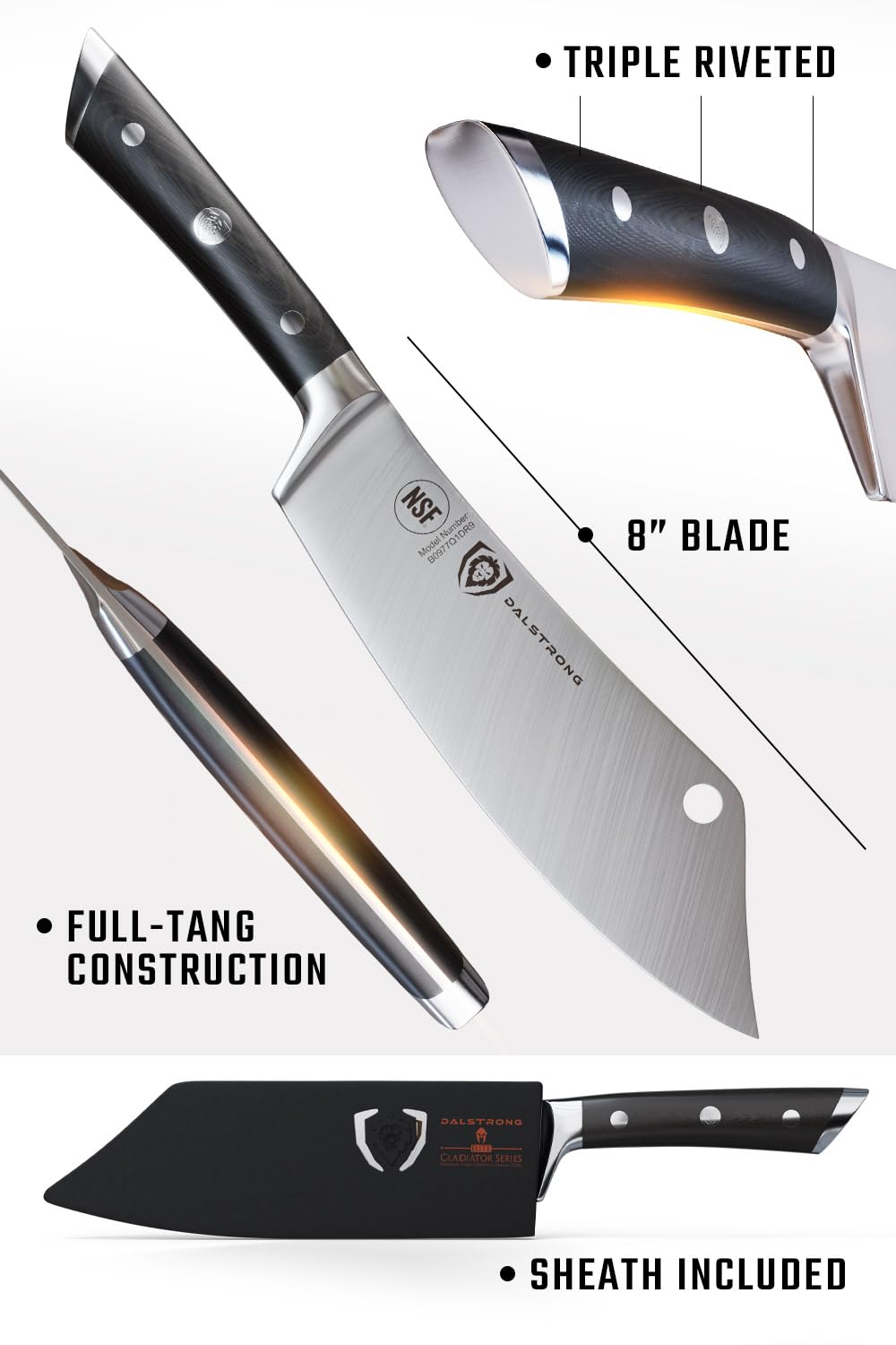 Dalstrong Chef & Cleaver Knife - 8 inch - The Crixus - Gladiator Series Elite - German HC Steel - Hybrid Razor Sharp Kitchen Knife - Black G10 Handle - w/Sheath - Chef Knife - NSF Certified - Image 6