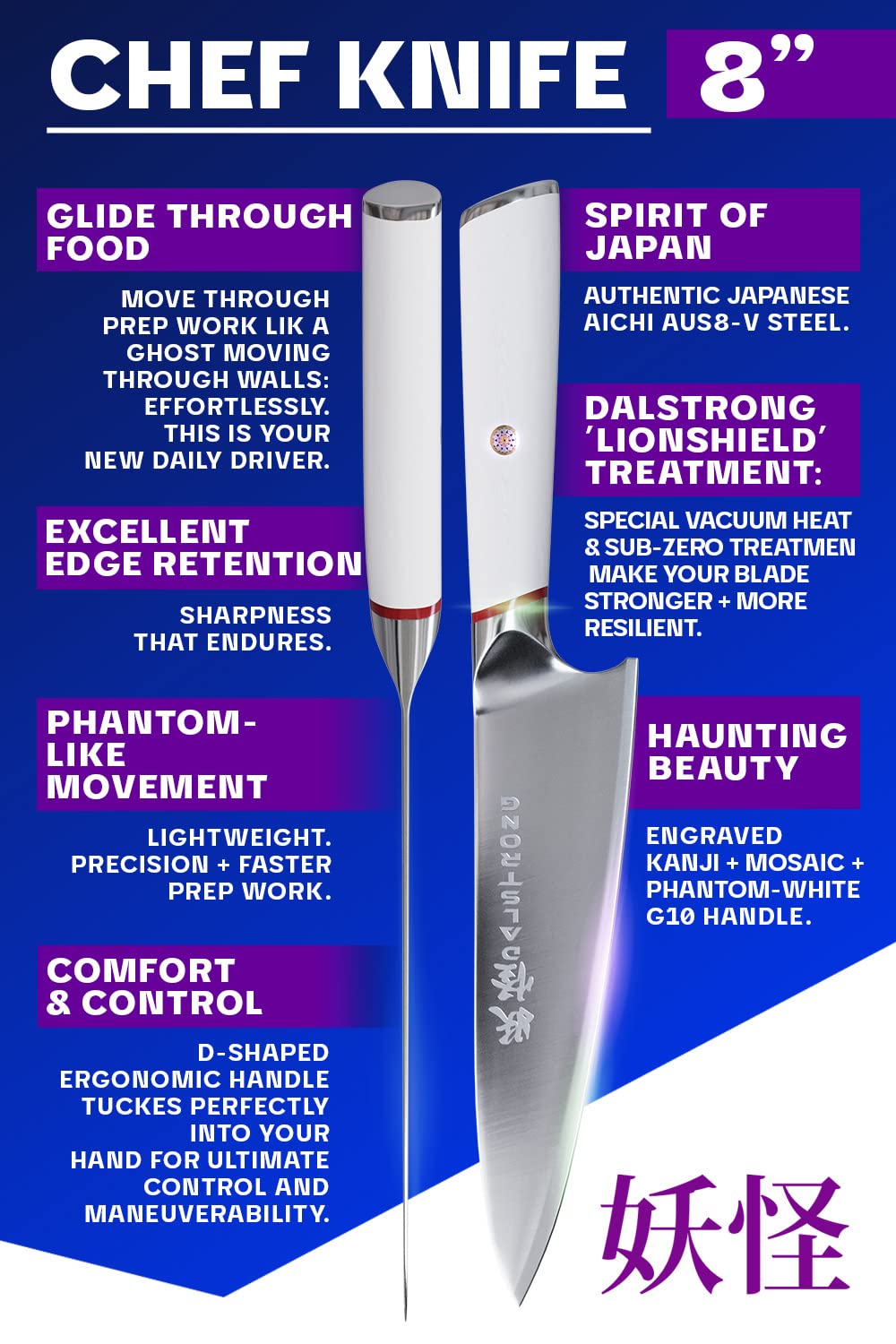 Dalstrong Chef Knife - 8 inch - Phantom Series - Japanese High-Carbon AUS8 Steel Kitchen Knife - White G10 Handle - Cooking Knife - w/Sheath - Image 4