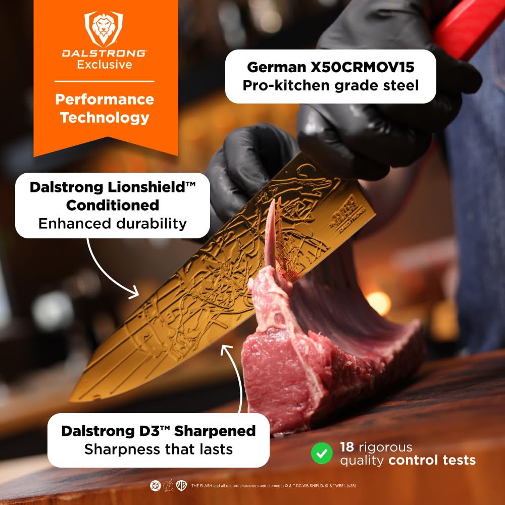 Dalstrong Chef Knife - 8 inch - The FLASH™ Edition - German X50CRMOV15 Stainless Steel - Gold Titanium Nitride - G10 Handle - Full Tang - Premium Leather Sheath - Collection Edition w/Pin - Image 3
