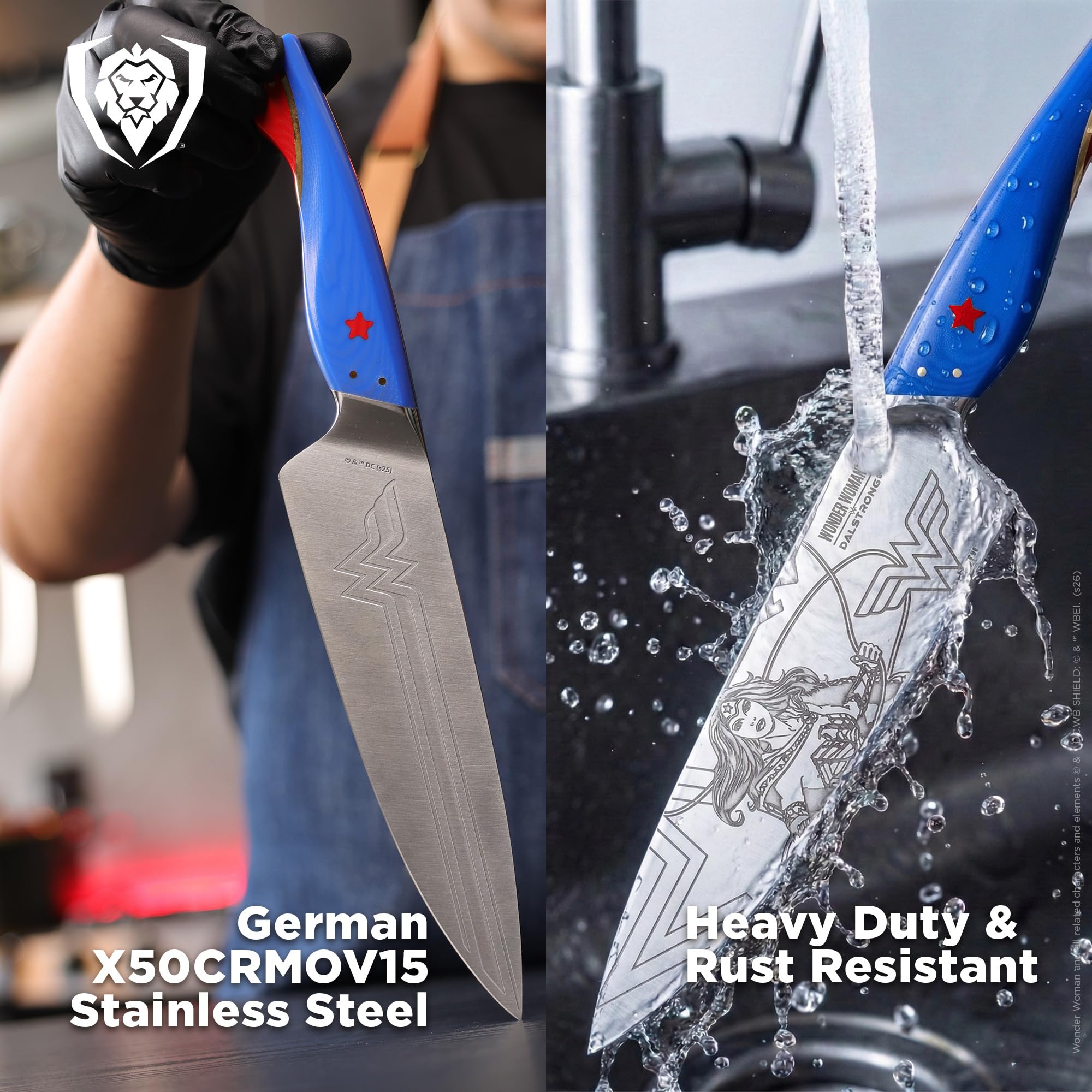Dalstrong Chef Knife - 8 inch - Wonder Woman™ Official License - Premium German X50CRMOV15 Stainless Steel - Etched DC Artwork - G10 Handle - Full Tang Cooking Knife - Leather Sheath - Image 3