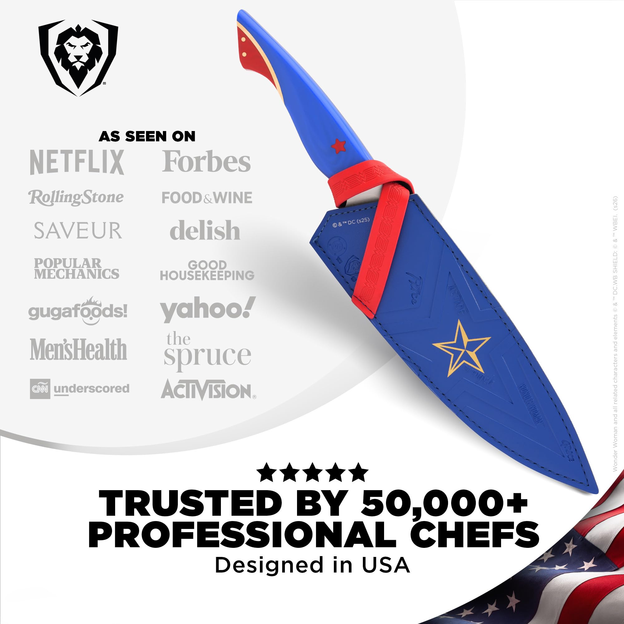 Dalstrong Chef Knife - 8 inch - Wonder Woman™ Official License - Premium German X50CRMOV15 Stainless Steel - Etched DC Artwork - G10 Handle - Full Tang Cooking Knife - Leather Sheath - Image 6