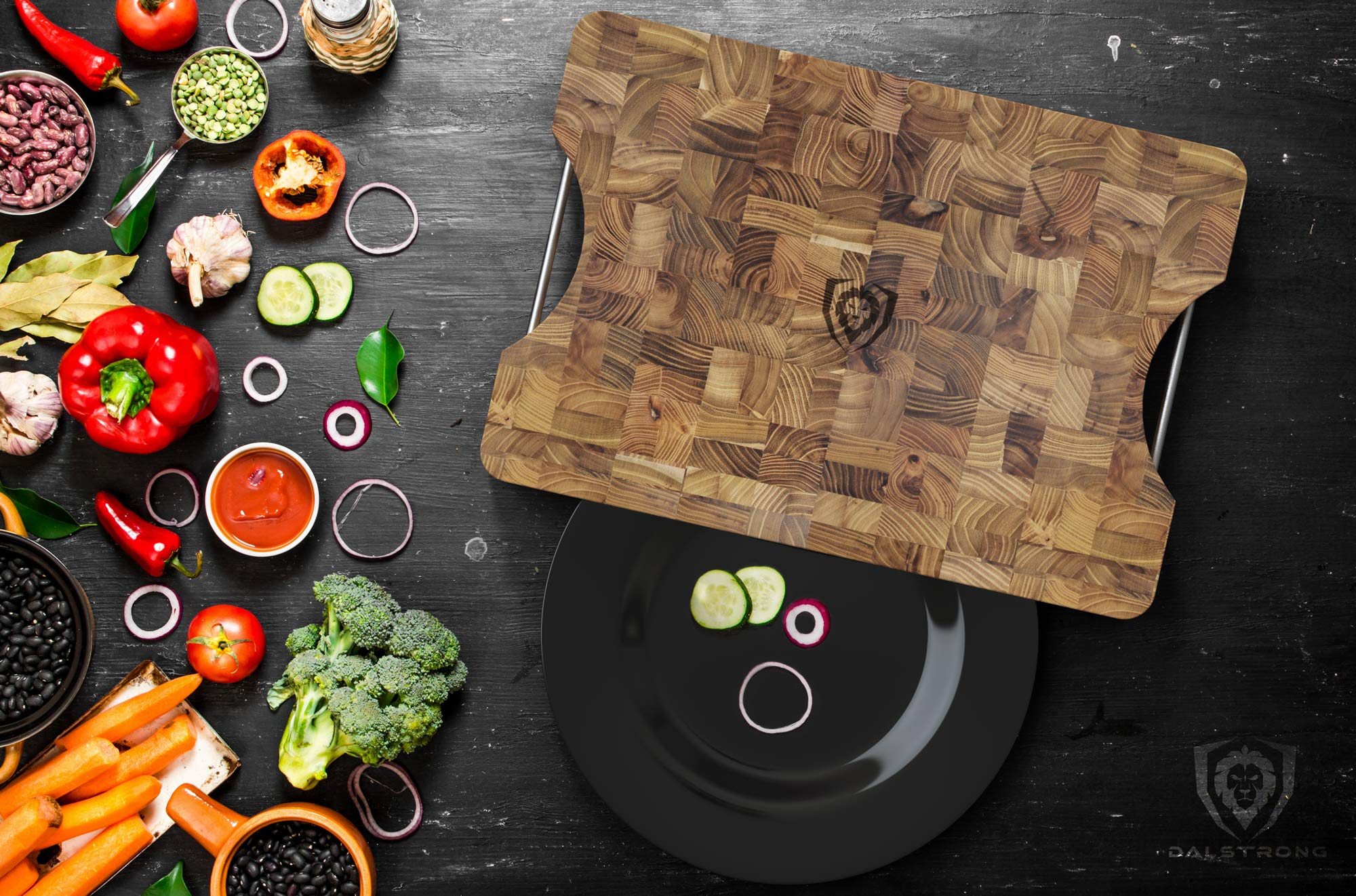 Dalstrong Cutting Board-Lionswood End-Grain Teak-16" x 12"-Steel Carrying Handles-Serving Board - Large Cutting Boards For Kitchen-Chopping Meat Cutting Board-Two Sizes - Image 3