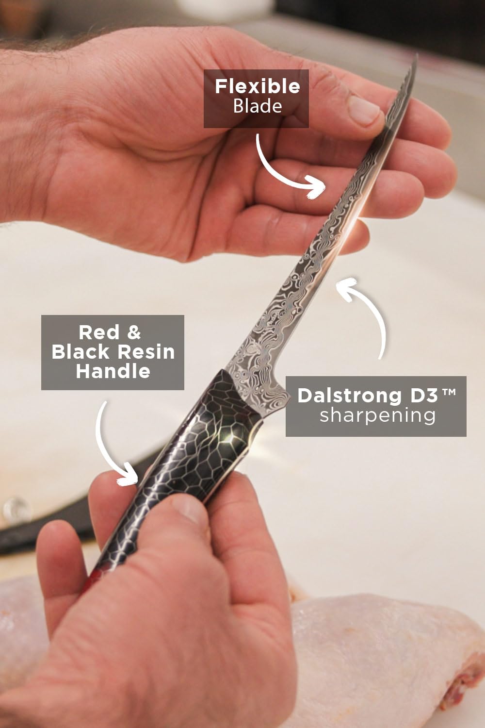 Dalstrong Fillet Knife - 7 inch - Scorpion Series - Exclusive Japanese V12 Ultra™ Steel - Black Damascus - Black & Red Honeycomb Resin Handle Cooking Boning Knife Gift - Custom-Fit Leather Sheath - Image 3