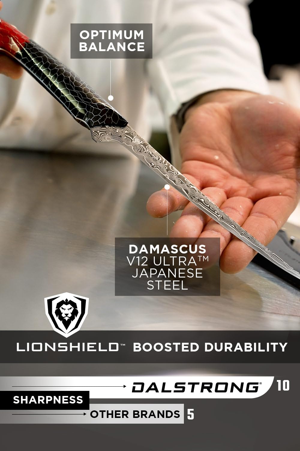 Dalstrong Fillet Knife - 7 inch - Scorpion Series - Exclusive Japanese V12 Ultra™ Steel - Black Damascus - Black & Red Honeycomb Resin Handle Cooking Boning Knife Gift - Custom-Fit Leather Sheath - Image 5