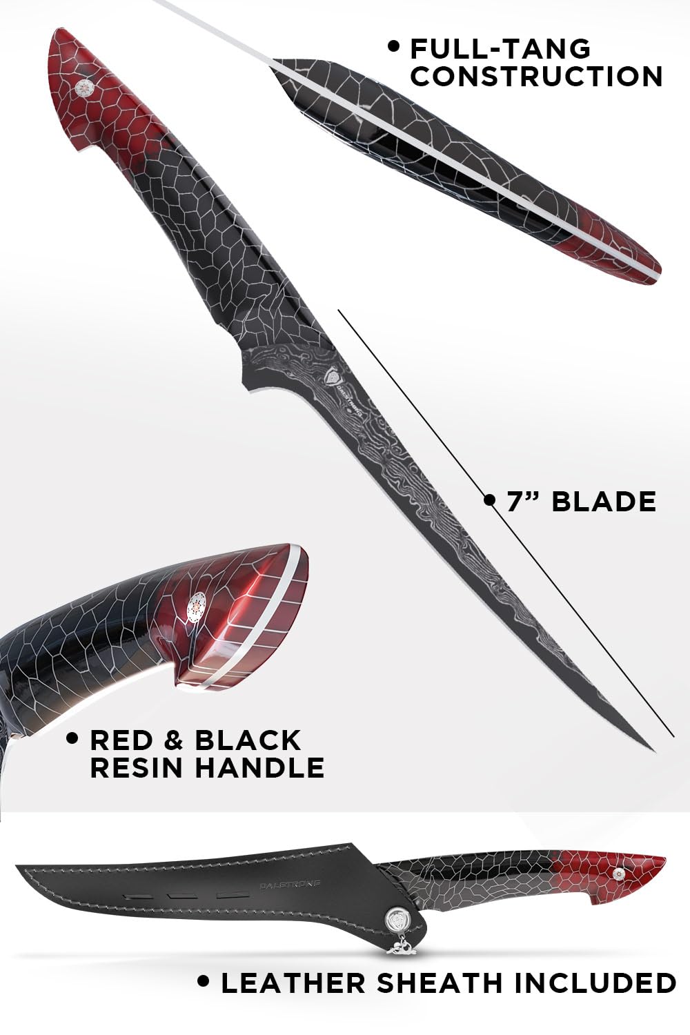 Dalstrong Fillet Knife - 7 inch - Scorpion Series - Exclusive Japanese V12 Ultra™ Steel - Black Damascus - Black & Red Honeycomb Resin Handle Cooking Boning Knife Gift - Custom-Fit Leather Sheath - Image 6