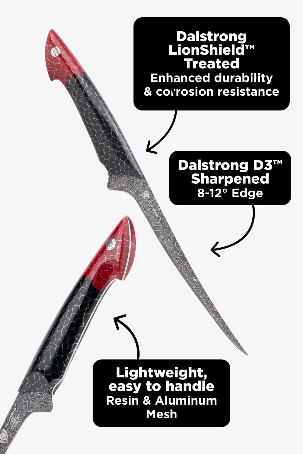 Dalstrong Fillet Knife - 7 inch - Scorpion Series - Exclusive Japanese V12 Ultra™ Steel - Black Damascus - Black & Red Honeycomb Resin Handle Cooking Boning Knife Gift - Custom-Fit Leather Sheath - Image 8