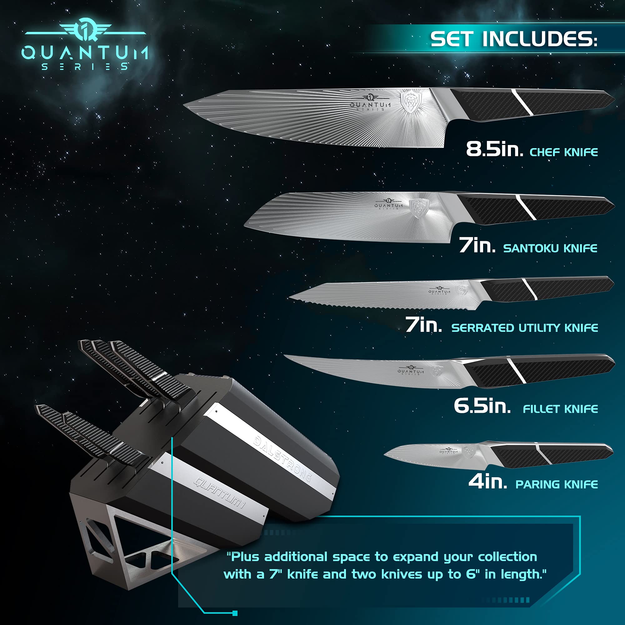 Dalstrong Knife Block Set - 5 Piece - Quantum 1 Series - American Forged BD1N-VX Hyper Steel - Carbon Fibre G10 Hybrid Handle - Professional Kitchen Set - Knife Set - Image 4