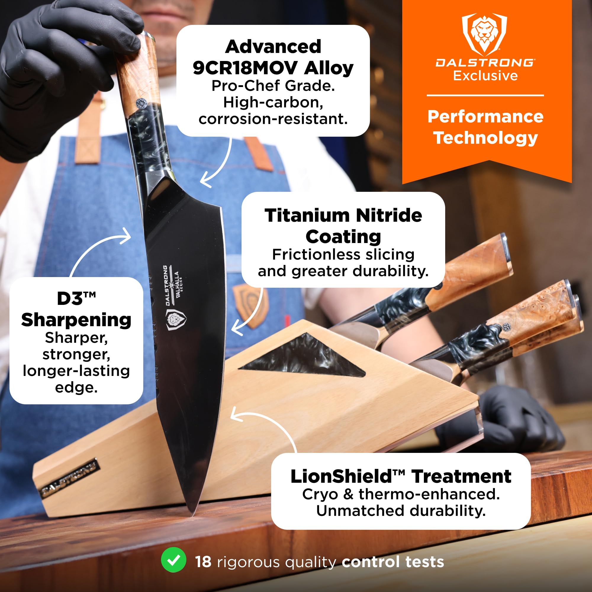 DALSTRONG Knife Block Set - 5 Piece - Valhalla Series - Ravenstone Black Blade Titanium Coated - Premium 9CR18MOV HC Steel - Resin & Wood Handle - Razor Sharp - Kitchen Cooking Chef's Knife - Image 3