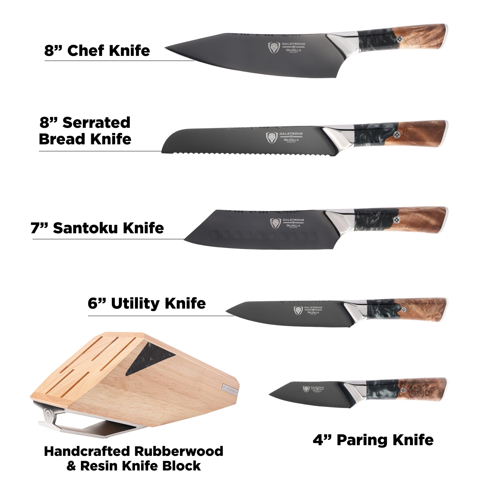 DALSTRONG Knife Block Set - 5 Piece - Valhalla Series - Ravenstone Black Blade Titanium Coated - Premium 9CR18MOV HC Steel - Resin & Wood Handle - Razor Sharp - Kitchen Cooking Chef's Knife - Image 4