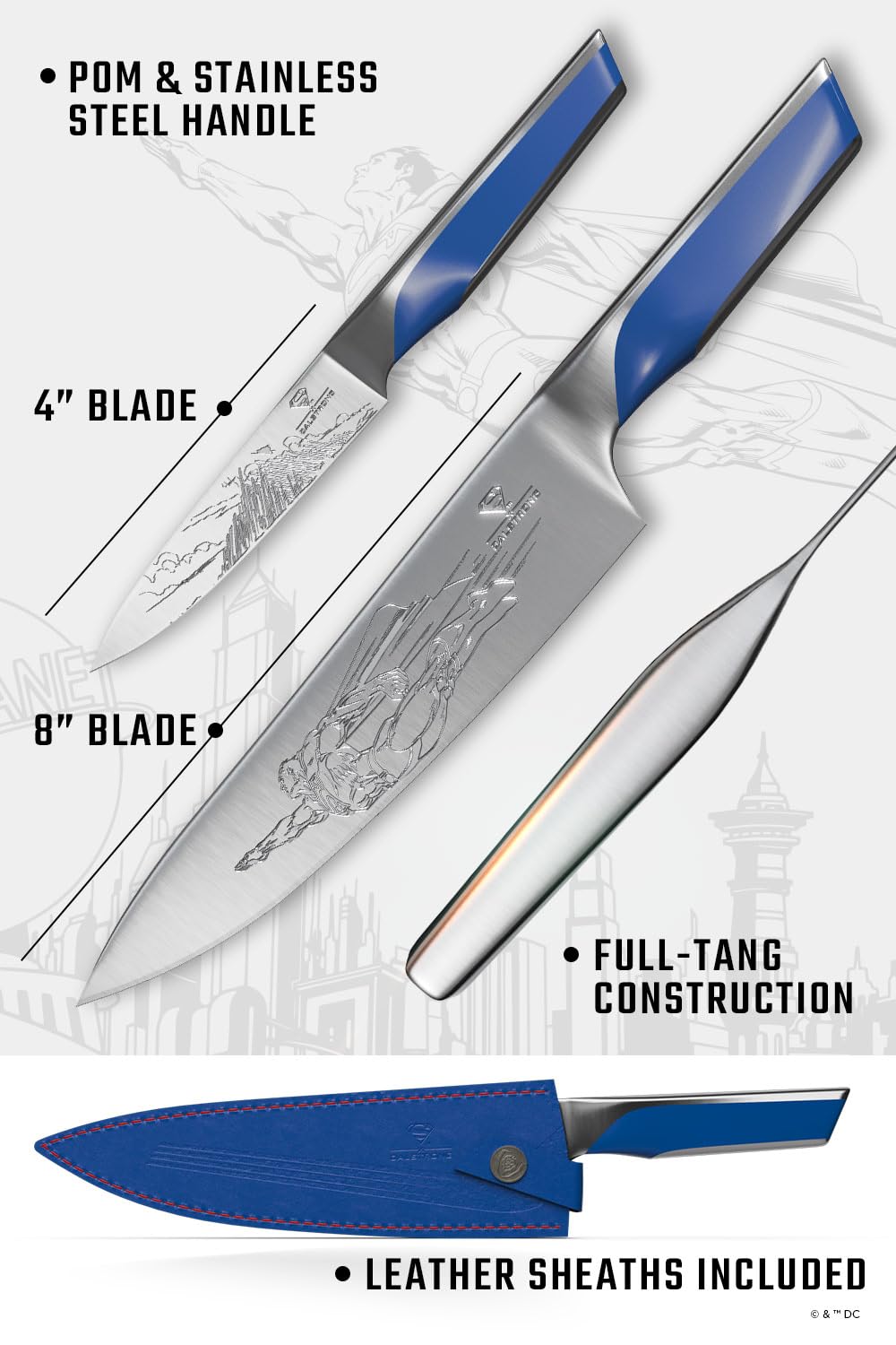 Dalstrong Knife Set-2pc- DC SUPERMAN™ Licensed Edition-8" Chef Knife & 4" Paring Knife-Premium German Stainless Steel-POM Handle Kitchen Knife Set-Leather Sheaths - Image 6