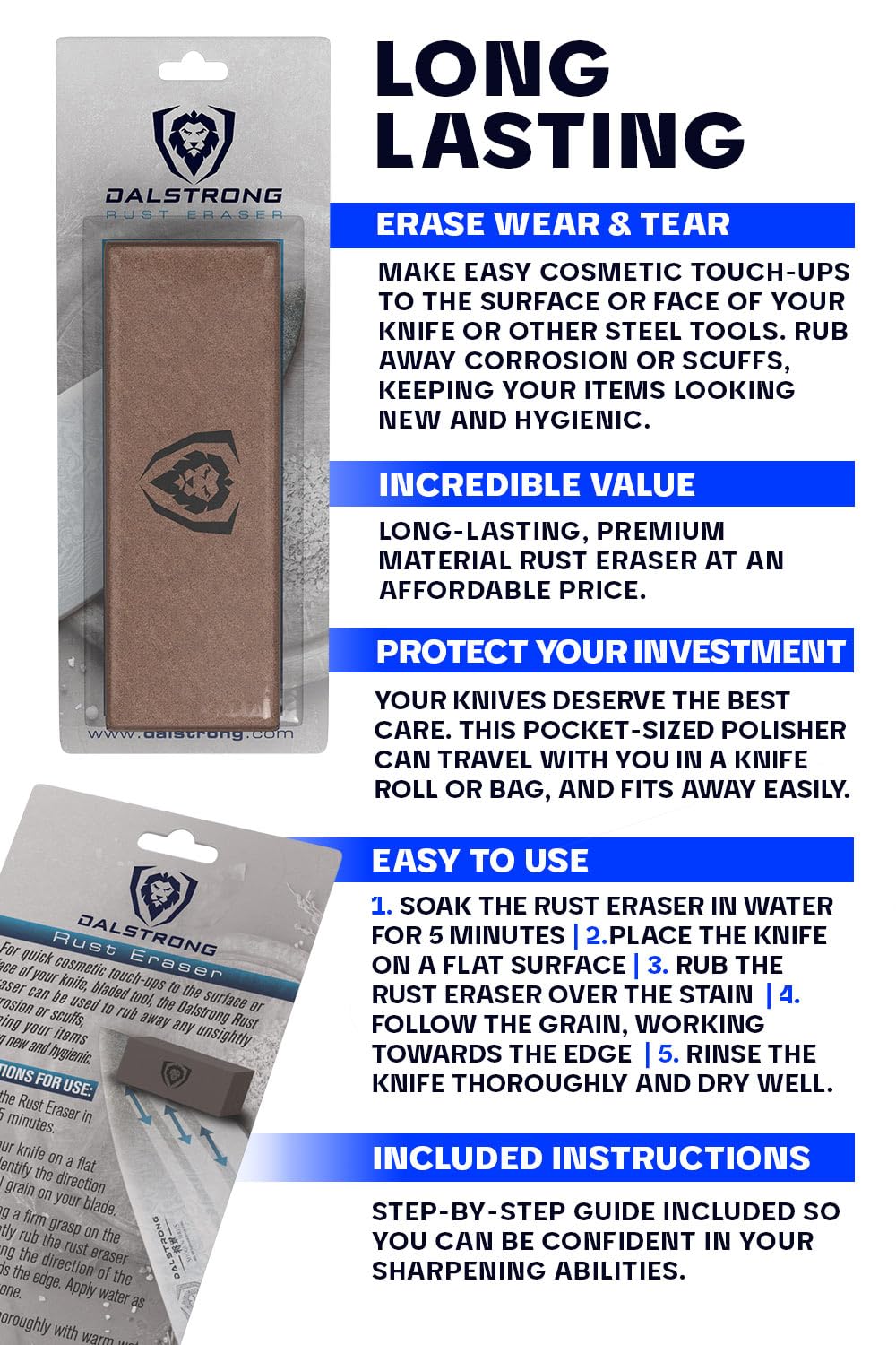 Dalstrong Premium Rust Remover & Eraser - Knife Maintenance and Care - For Knives, Scissors, Stainless Steel Pots and Pans, Whetstones - Sharp Polish for Tools - Calcium Carbonate - Image 6