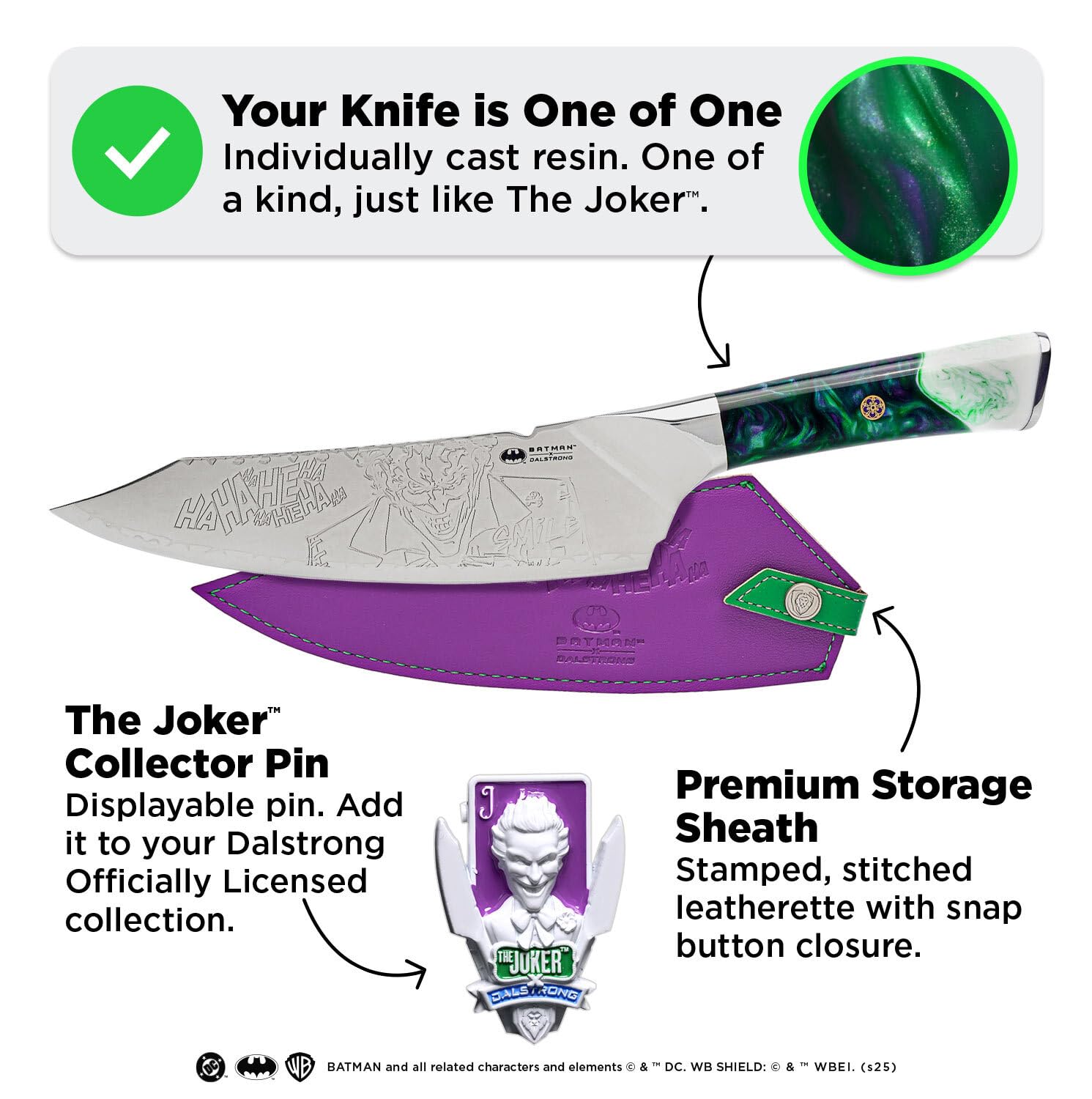 Dalstrong Professional Chef Knife - 8" - THE JOKER Edition Official License - 5 Layer 9CR18MOV Stainless Steel - Resin Handle - Knife Guard - Image 5