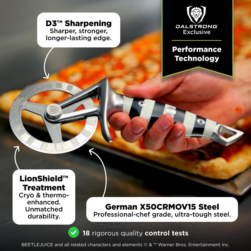 Dalstrong Professional Pizza Wheel - Beetlejuice™ Edition - Official License - German X50CRMOV15 Stainless Steel - G10 Handle - Detachable Blade - Pizza Cutter - Leather Sheath - Image 3