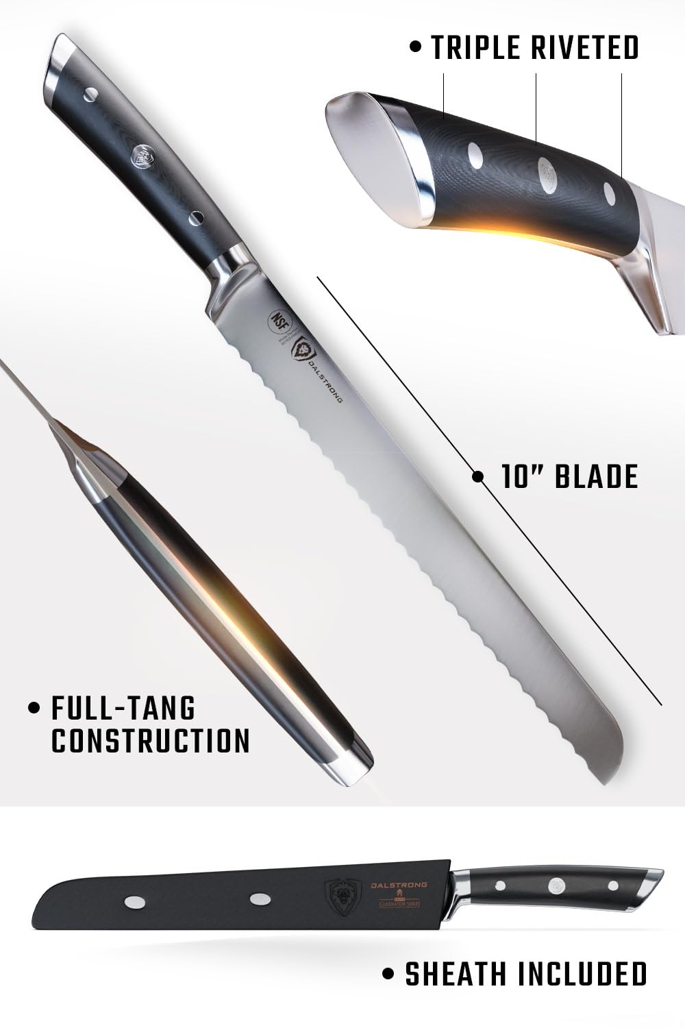 Dalstrong Serrated Bread Knife - 10 inch - Gladiator Series Elite - Forged High-Carbon German Steel - G10 Handle Kitchen Knife - Sheath Included - Razor Sharp Slicer - Slicing Knife - NSF Certified - Image 6