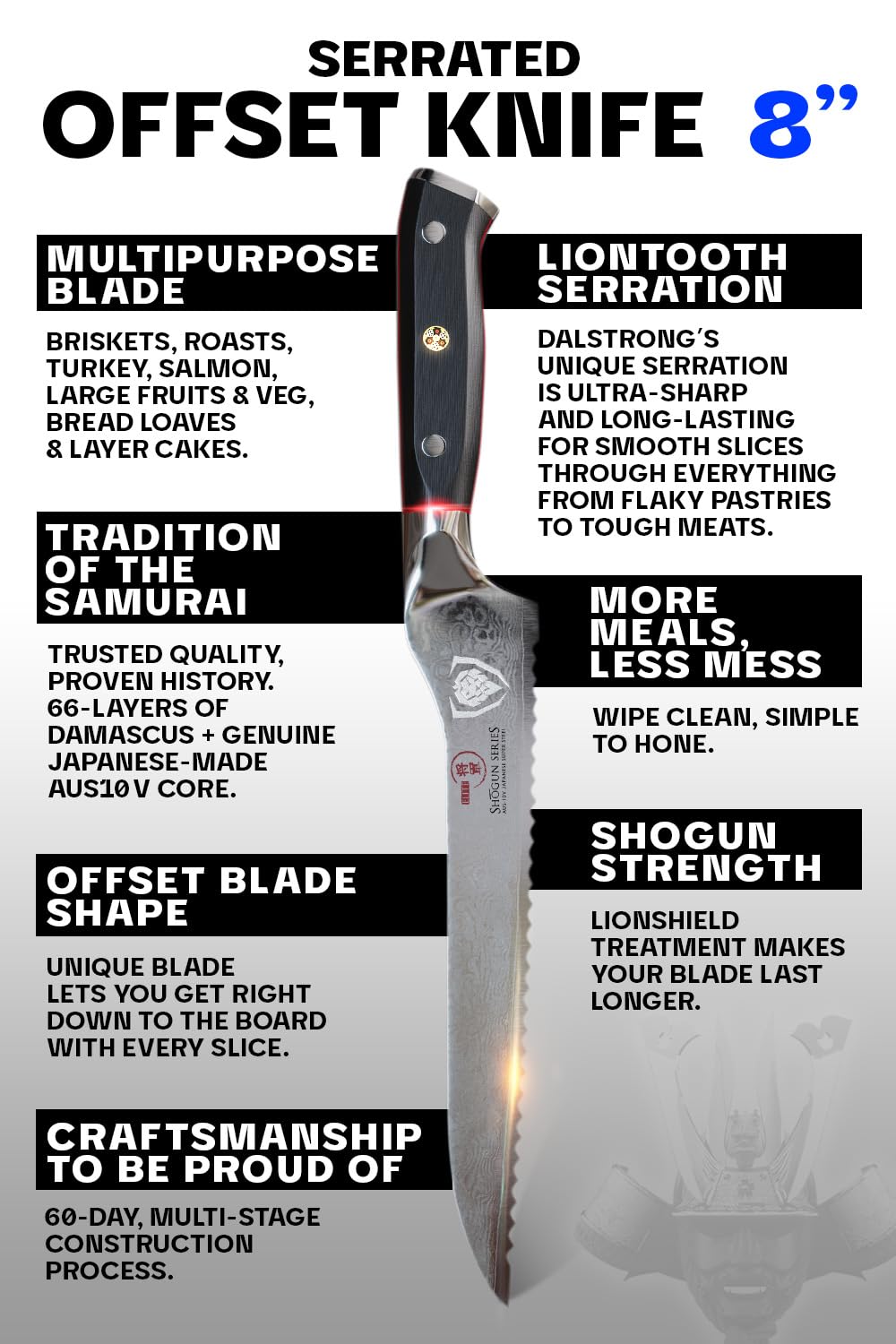 Dalstrong Serrated Offset Bread Knife - 8 inch - Shogun Series - Deli Knife Gift - Damascus - AUS-10V Japanese Super Steel - Bread Slicer Cutter - Slicing Knife - Vacuum Treated - G10 Handle - Sheath - Image 5