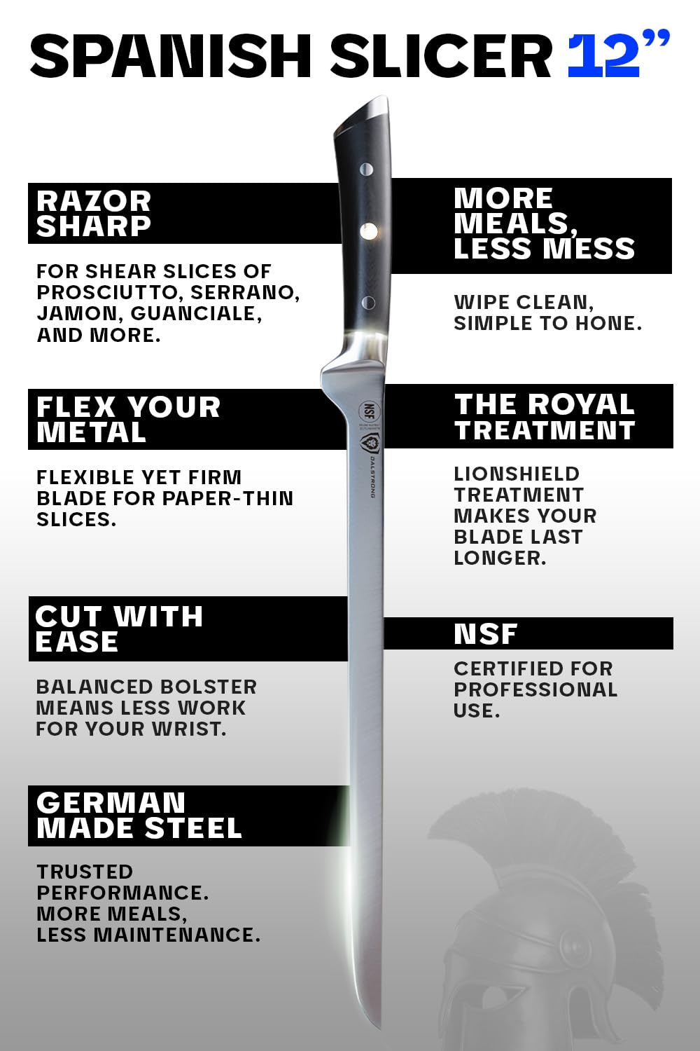 Dalstrong Spanish Style Meat & Ham Slicer - 12 inch - Gladiator Series Elite - German High Carbon Steel - w/Sheath - NSF Certified - Image 5