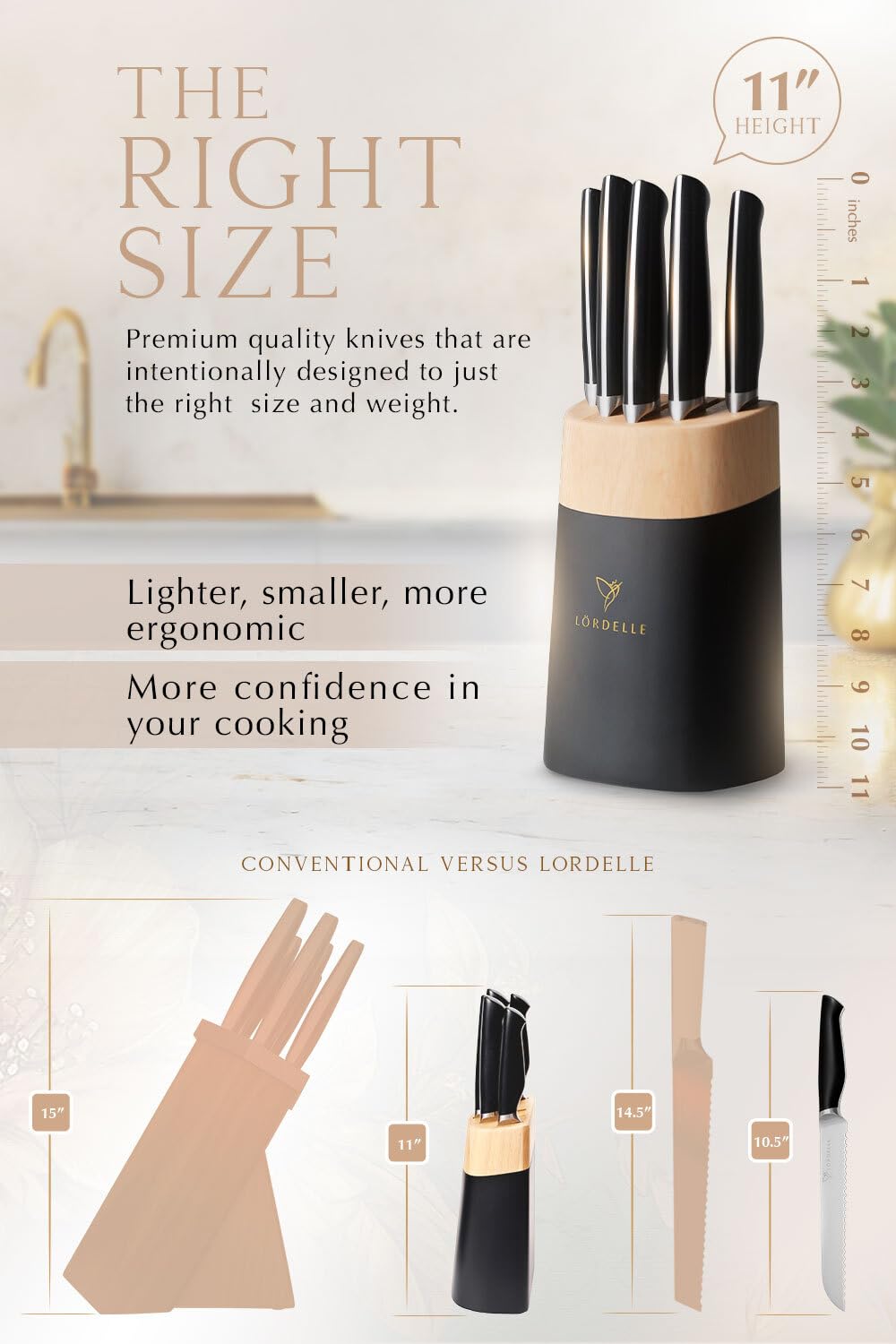 LORDELLE Knife Block Set - 5 Piece Set - Black Vintage Ink - Lifestyle Home Kitchen Design - German X50 Stainless Steel - ABS Handle - Ash Wood Block - Cooking Chef Knife, Santoku, Paring, Utility - Image 4