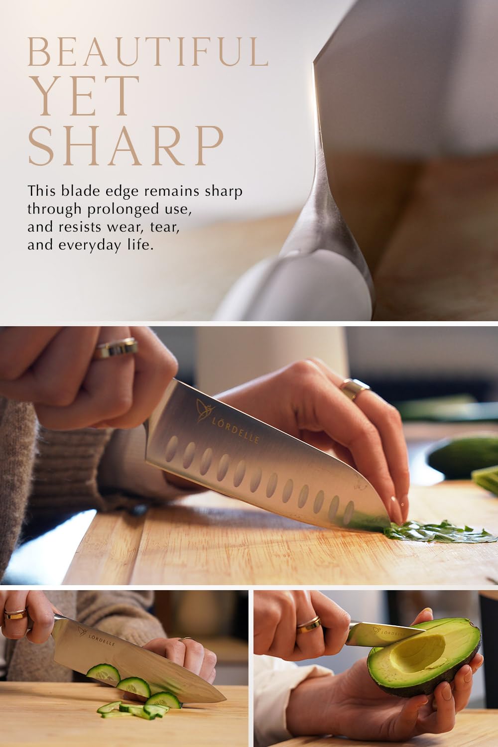 LORDELLE Knife Block Set - 5 Piece Set - Black Vintage Ink - Lifestyle Home Kitchen Design - German X50 Stainless Steel - ABS Handle - Ash Wood Block - Cooking Chef Knife, Santoku, Paring, Utility - Image 5