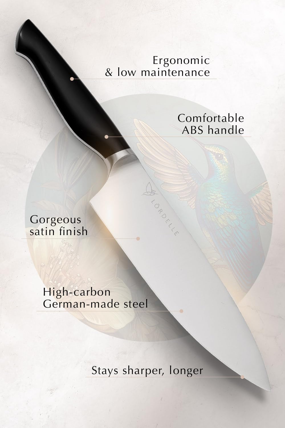 LORDELLE Knife Block Set - 5 Piece Set - Black Vintage Ink - Lifestyle Home Kitchen Design - German X50 Stainless Steel - ABS Handle - Ash Wood Block - Cooking Chef Knife, Santoku, Paring, Utility - Image 6