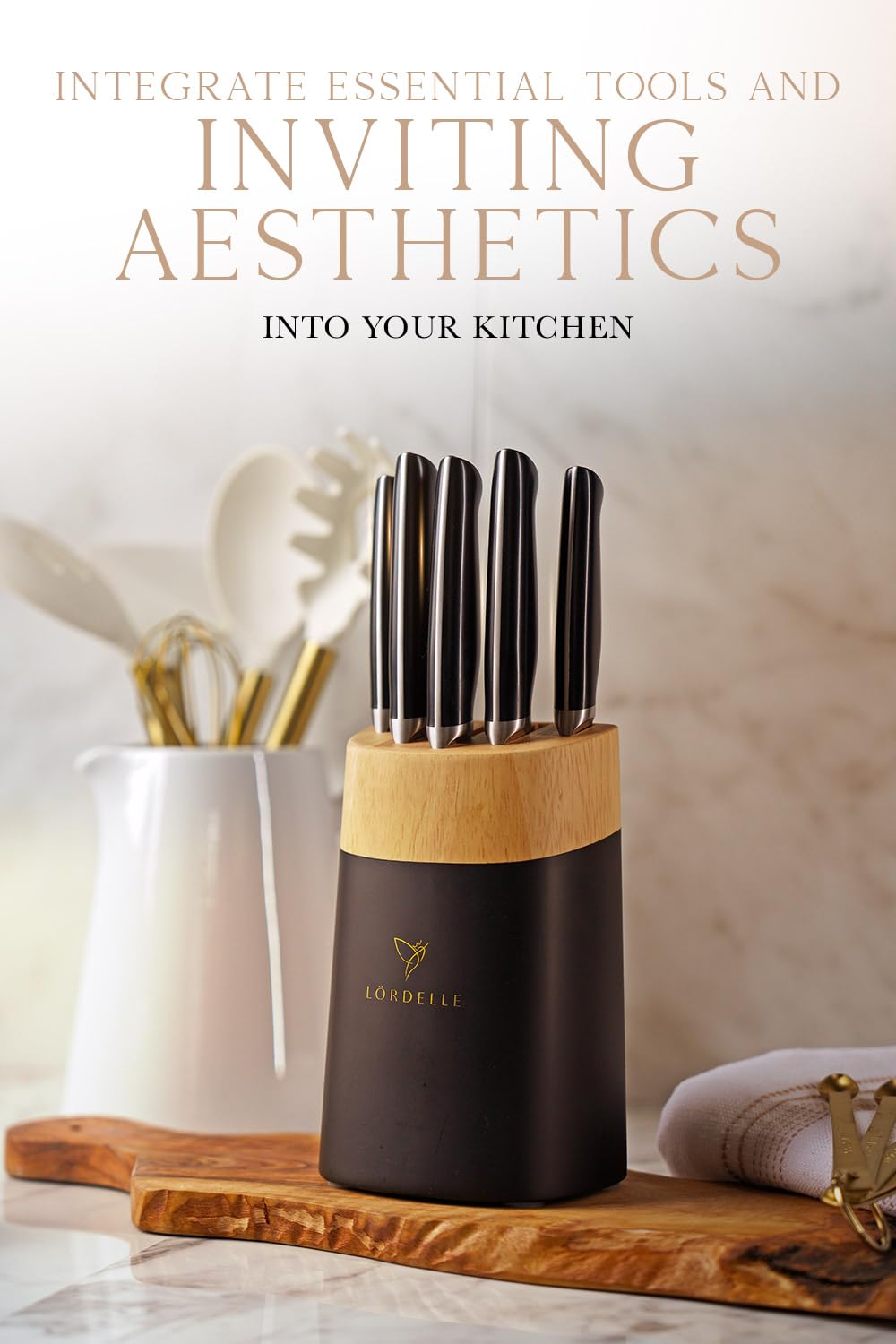 LORDELLE Knife Block Set - 5 Piece Set - Black Vintage Ink - Lifestyle Home Kitchen Design - German X50 Stainless Steel - ABS Handle - Ash Wood Block - Cooking Chef Knife, Santoku, Paring, Utility - Image 7